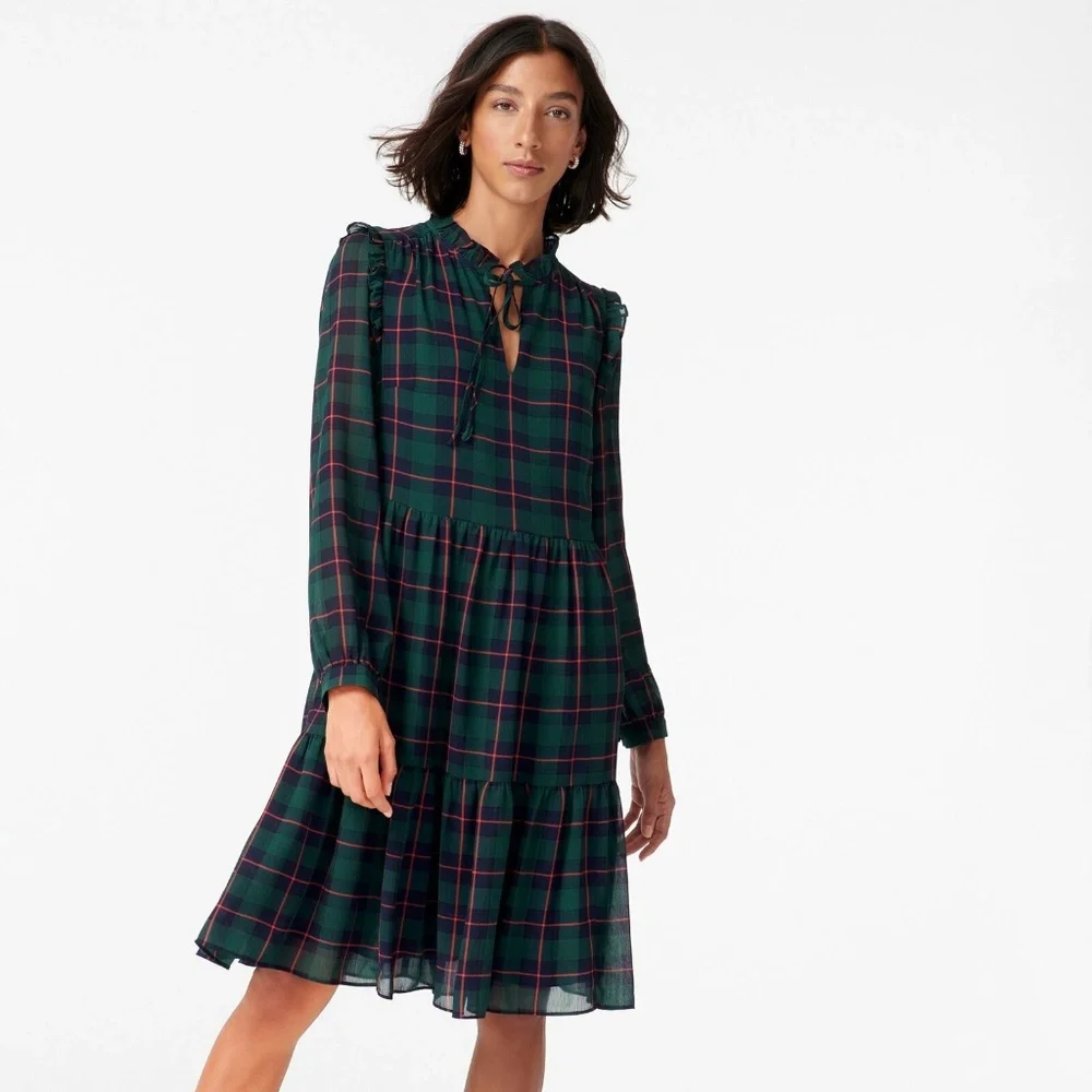 J.Crew Tie-neck Tiered Dress in Black Watch Tartan - Picture 1 of 5